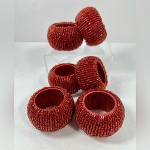 Set Of 6 Napkin Rings Red French Beaded Satin Sturdy Table Decor